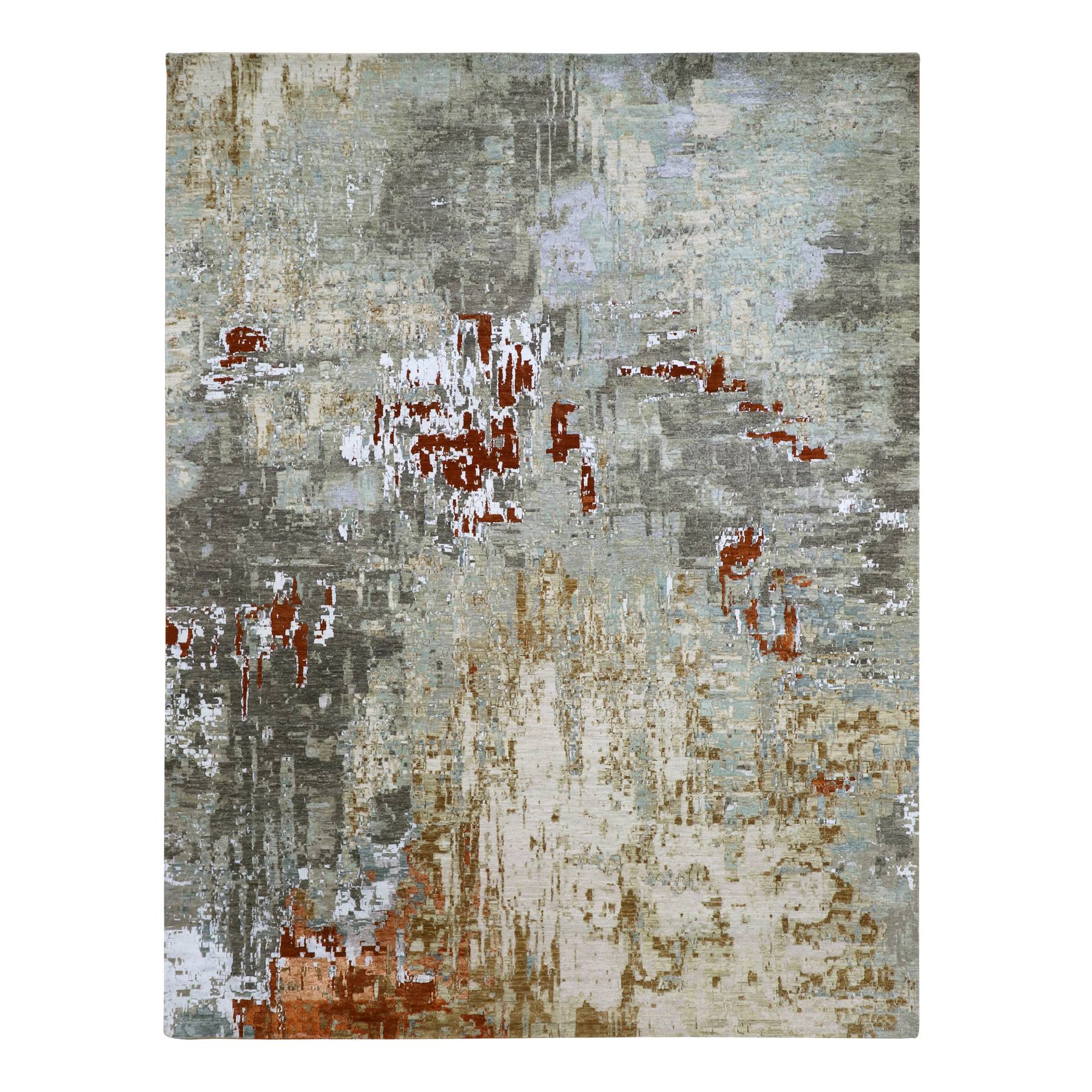 Shades of Gray with Red, Hand Knotted, Abstract with Galaxy Design, Persian Knot, Pure Wool, Densely Woven, Oriental Rug